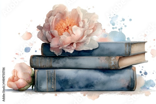 Stacked antique books with delicate blossoms.