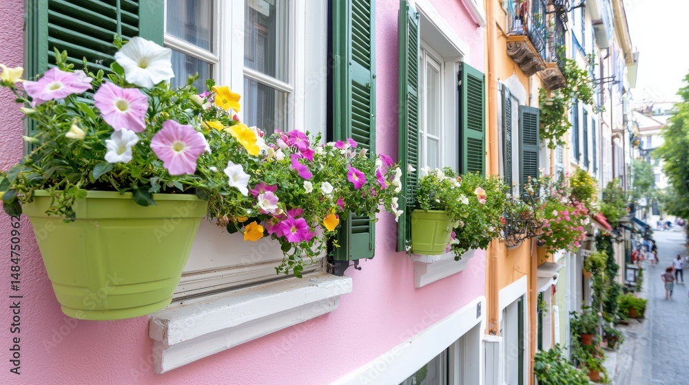Naklejka premium Colorful Flower Boxes on Vibrant Buildings Along a Charming Pedestrian Street in a Scenic Town