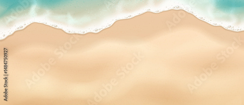 Abstract illustration of calming waves meeting a sandy shore. Soft blues blend with warm tans, evoking serene beach vibes. Perfect for summerthemed designs.