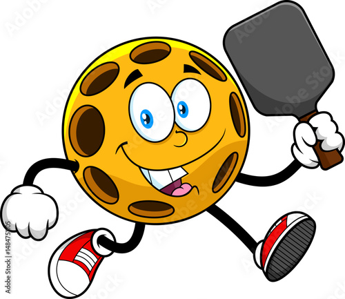 Pickleball Mascot Running With Paddle - Vector Hand Drawn Illustration Isolated On Transparent Background