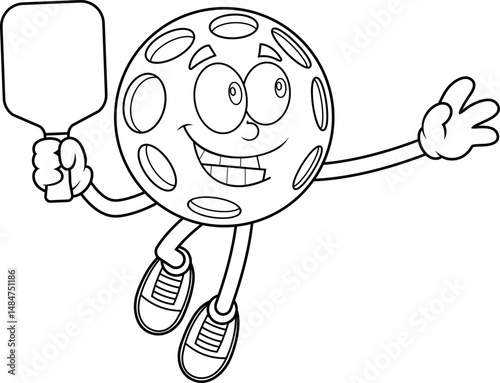 Pickleball Mascot Jumping To Smash With Paddle Black And White