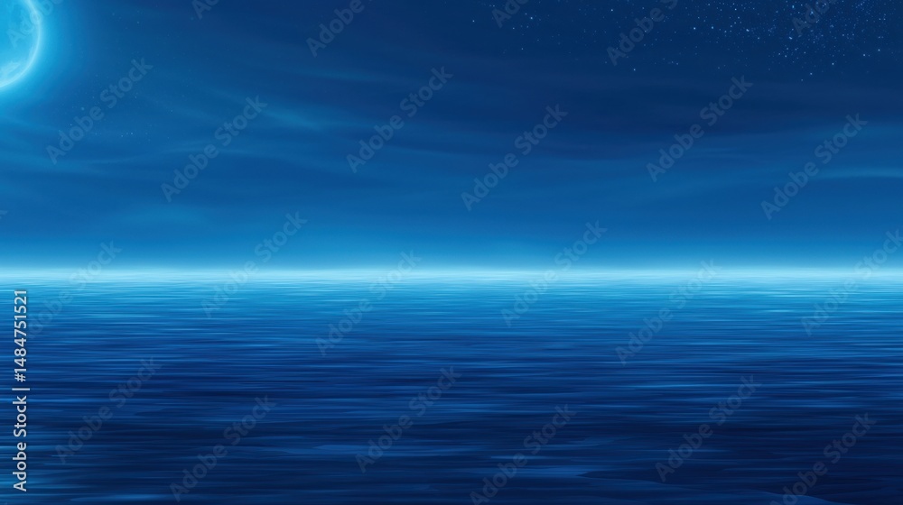 A deep blue night sky with a bright light source and a dark blue ocean below. A deep blue night sky with a bright light source and a dark blue ocean below.
