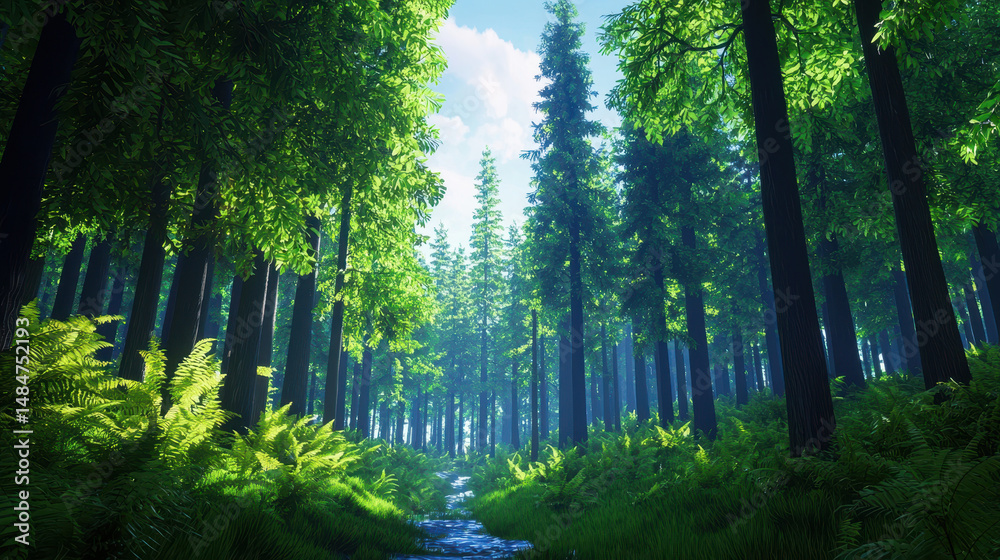 Fototapeta premium Serene forest with tall trees and lush ferns, creating peaceful atmosphere and inviting exploration