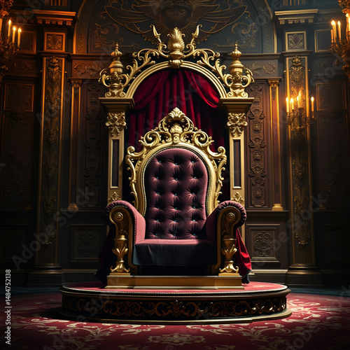 baroque icon throne in ornate palace, rich velvet, gilded details, dramatic lighting, regal opulence