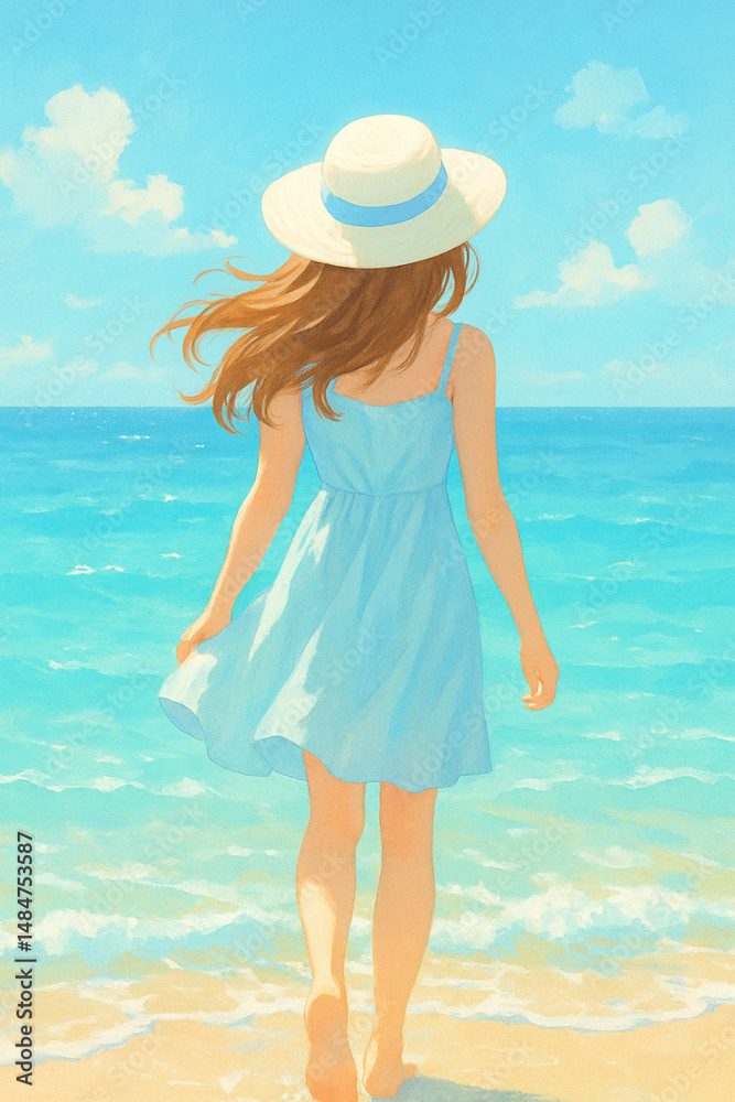 Girl in Blue Dress and Hat Walking Toward the Ocean on a Sunny Beach Day
Girl in Blue Dress and Hat Walking Toward the Ocean on a Sunny Beach Day