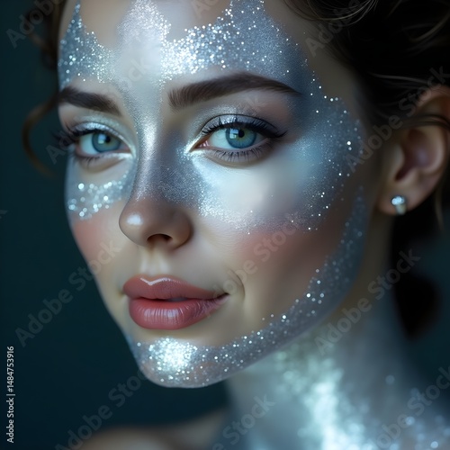 Close-Up Portrait of Woman with Silver Water-Inspired Makeup and Glittering Skin in Artistic Beauty Shot