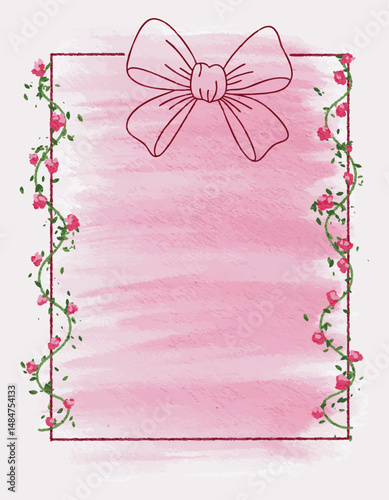 Pink watercolor background with bow and ribbon with floral frame