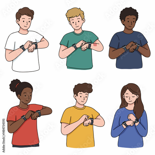 People Checking Smartwatches: Diverse group of young people are looking at their smartwatches, indicating engagement and use of modern technology.