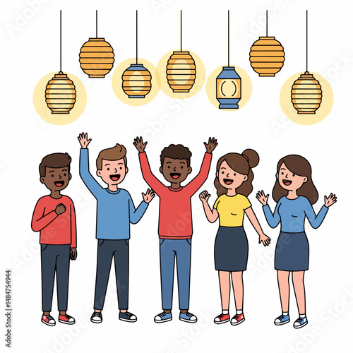 Celebration Under Lanterns:  A diverse group of friends joyfully gather beneath warm, glowing lanterns. Embracing the spirit of togetherness, radiating pure happiness and the joy of friendship.