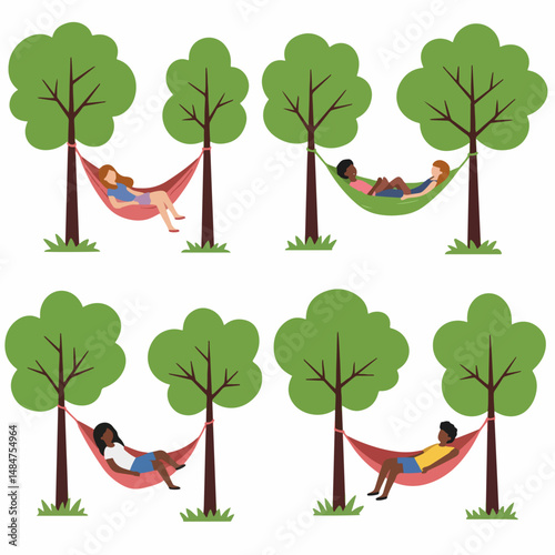 Relaxing in Hammocks: Four diverse individuals enjoying serene relaxation in colorful hammocks strung between lush green trees. A peaceful summer scene.