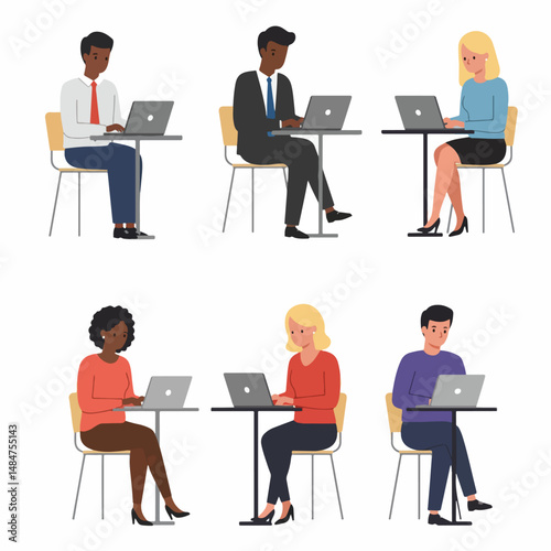 Modern Workspaces: A collection of diverse individuals immersed in their laptops in contemporary settings, showcasing productivity and focused collaboration