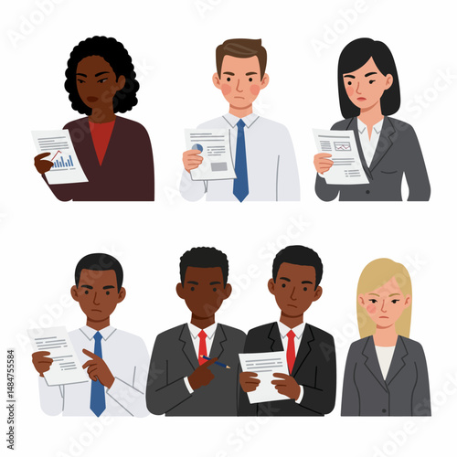 Business Review Analysis: Professional individuals of different ethnic backgrounds intently analyze documents, showcasing focus and evaluation