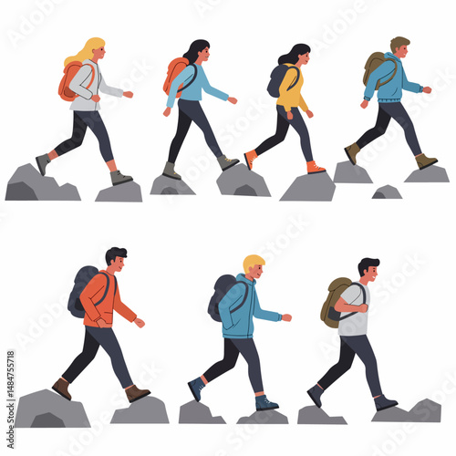 Hikers on Rocky Trail: Diverse group of hikers with backpacks navigate a rocky trail, showcasing various walking styles and perspectives in a flat, vector illustration.