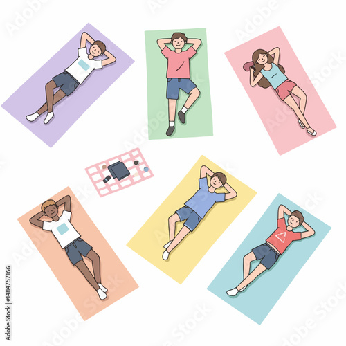 Restful Escape: Individuals relaxing and enjoying leisure time on colorful mats with hands behind their heads, a simple, vibrant illustration of peace.