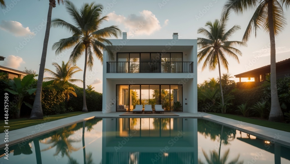 Fototapeta premium Modern minimalist box-style home designed with clean lines and functional spaces featuring a two-story structure surrounded by greenery creating a contemporary living environment