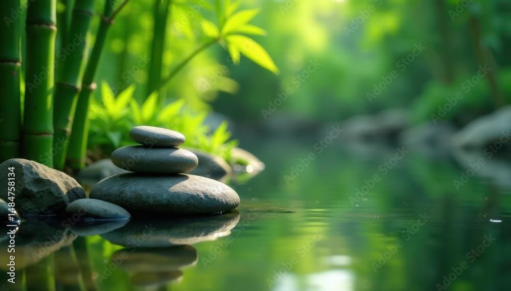 Naklejka premium peaceful arrangement of zen stones in a tranquil pond surrounded by verdant bamboo and foliage , zen stones, bamboo