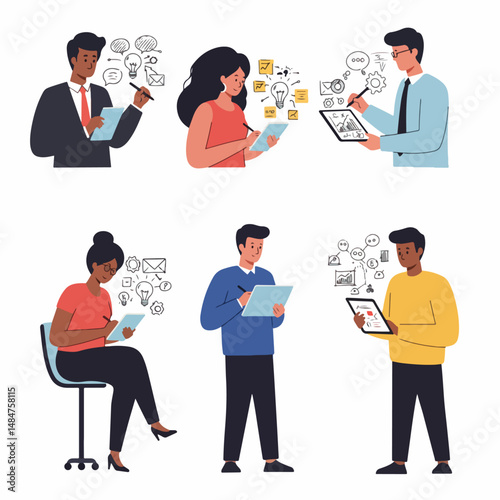 Brainstorming and Ideas: A group of diverse individuals sketching and sharing their ideas on a tablet or notebook