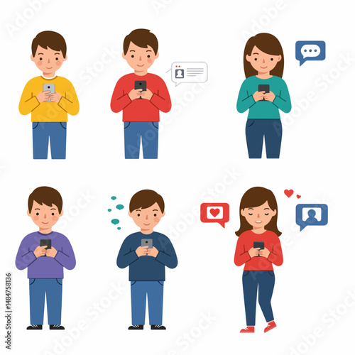 Digital Echoes: Capturing the Essence of Modern Connectivity, illustrating a group of individuals absorbed in their smartphones, exchanging messages and expressing emotions through a vivid.