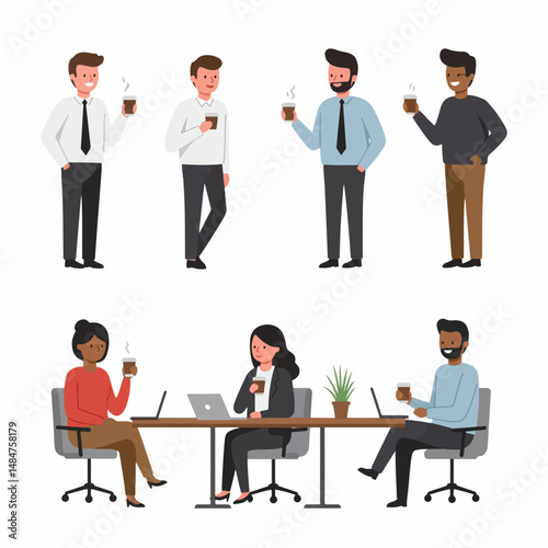 Coffee Break at Work: Illustrative depiction of employees engaged in a coffee break or team meeting, fostering a relaxed and collaborative atmosphere, encouraging a sense of camaraderie.