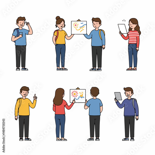 Sketching and Digital Art: A collection of illustrations showing individuals with tools for creating, illustrating the fusion of sketching and digital design. 