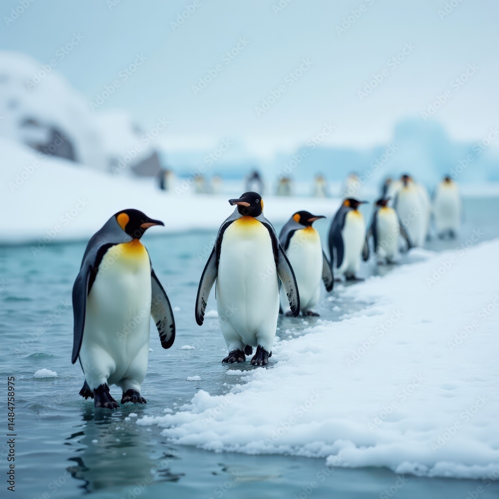 Fototapeta premium Penguins walking in a line across icy terrain , frozen landscape, penguins