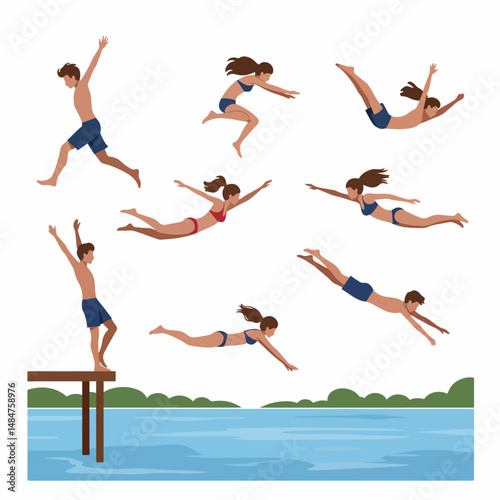 Dive into Summer Bliss: A vibrant depiction of people engaging in the exhilarating act of diving into water, a joyful summer activity.