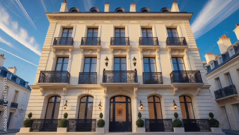 Obraz premium Elegant parisian style luxury townhouse exterior showcasing timeless architectural design and charming features surrounded by inviting streets and lush greenery