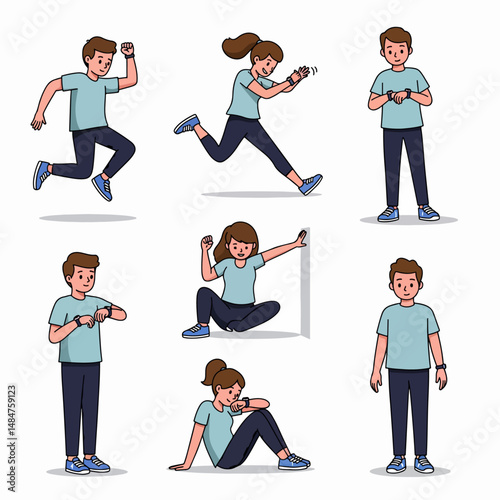 Active Lifestyle: A series of illustrations depicting people engaging in various activities with smartwatches, symbolizing modern fitness tracking and healthy habits.