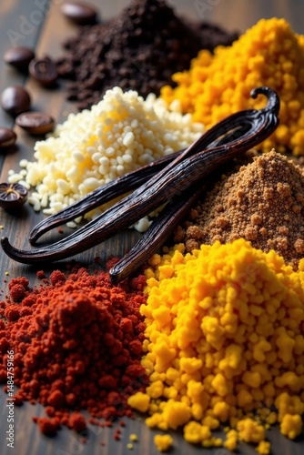 photo of assorted tropical spices including vanilla beans, flavors, islands