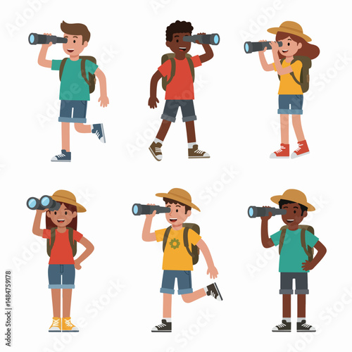 Exploration through the Lens: Capturing a moment of childhood curiosity, this image presents a collection of diverse children each holding a set of binoculars.