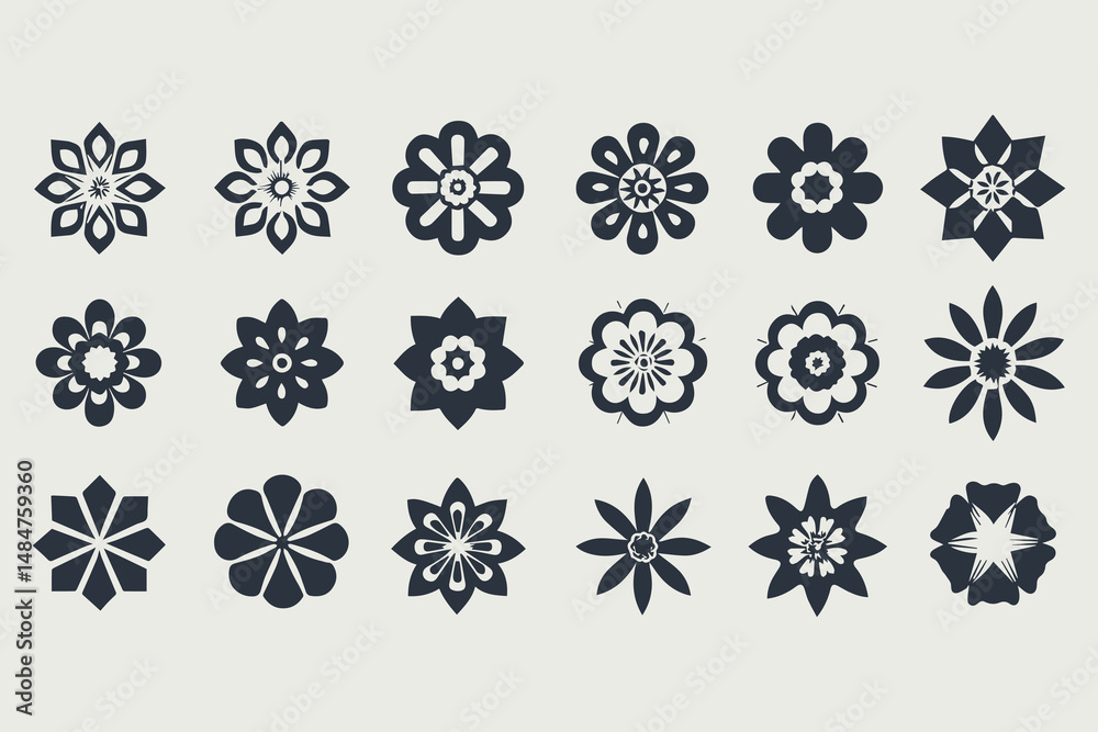 Symmetrical floral abstract icons set, minimalist flower designs with varied petal shapes and radial symmetry, perfect for logos vector illustration. Symmetrical floral abstract icons set, minimalist flower designs with varied petal shapes and radial symmetry, perfect for logos vector illustration.