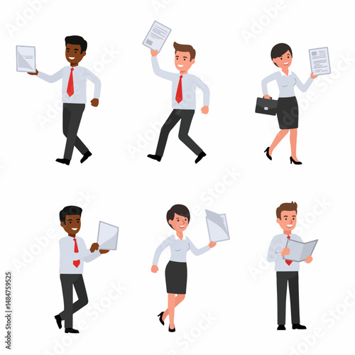 Business Professionals' Daily Routine: diverse business professionals engaged in daily office tasks, with files, in a series of illustrations suitable for portraying administrative activity. 