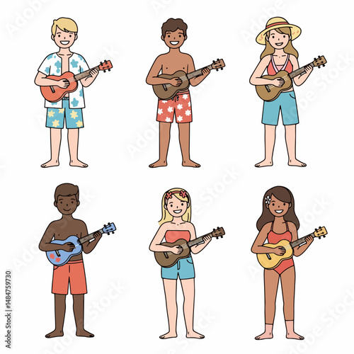 Harmony in the Islands: Six individuals from different backgrounds are enjoying music on tropical vacation, Each person holds and plays a ukulele, bringing musical harmony and happy.