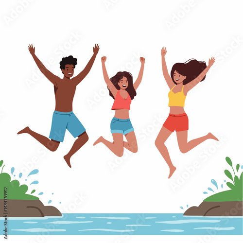 Joyful Leap: Three friends share a moment of carefree joy as they leap into the water, embracing the vibrancy of summer and the spirit of friendship.