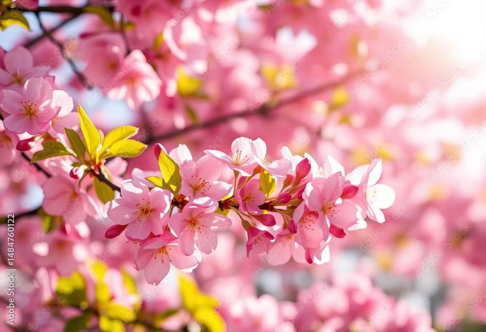 Fototapeta premium Vibrant pink sakura blossoms bathed in bright sunlight, soft focus, spring texture, bokeh, close-up