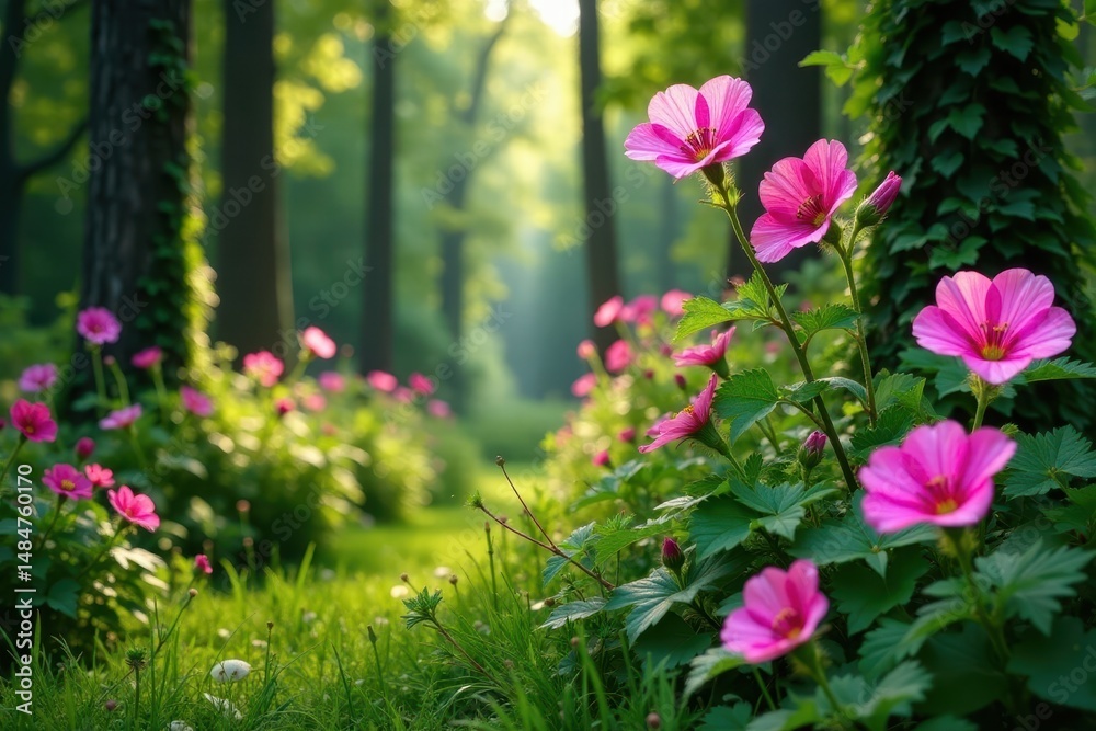 Obraz premium Pink musk-mallow flowers in a lush green garden amidst tall trees and vines, pink flowers, botanical