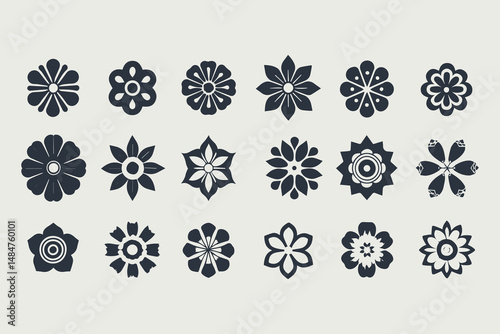 Symmetrical floral abstract icons set, minimalist flower designs with varied petal shapes and radial symmetry, perfect for logos vector illustration.