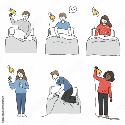 Insomnia Troubles: A set of illustrations depicts a variety of individuals in beds, using lamps while struggling with sleep deprivation, showcasing the common experience of insomnia.