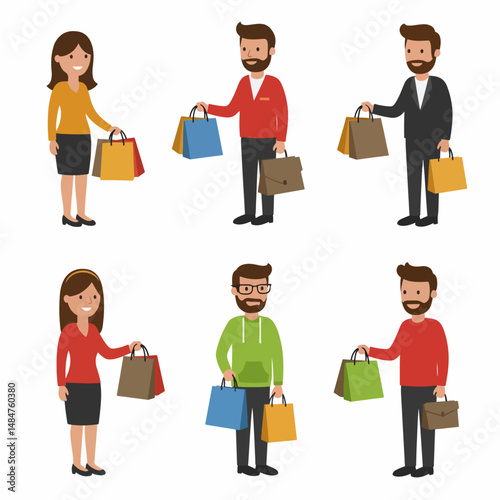 Shopping Spree: A diverse group of individuals, each clutching shopping bags filled with treasures. Capturing the essence of retail, leisure, and the excitement of a day spent browsing and buying.