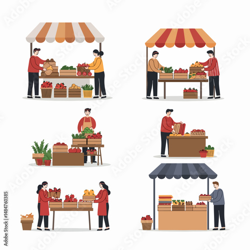 Fresh Market Stalls: A collection of illustrations of various market stalls showcasing vibrant produce, inviting customers to engage in a wholesome shopping experience. 
