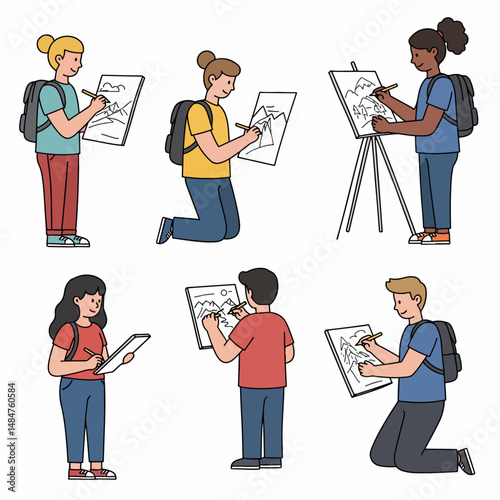 Aspiring Artists at Work: A diverse group of young artists immerse themselves in creative endeavors. Each focused individual skillfully crafts landscape sketches, showcasing their artistic talent.