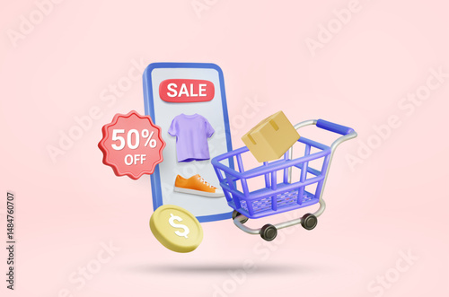 3D Vector Illustration Render Online Shopping Showing Mobile Screen with SALE Sign with Products Clothes and Shoes Cart, Parcel Box, Coins and 50% OFF Sign. Special Discount Concept. Payment