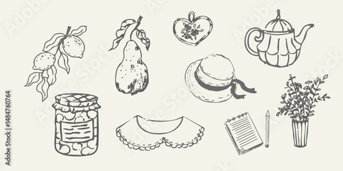 Cottagecore set cosy country rural things sketch. Retro cute whimsy farm themed cottage core aesthetic. Hobby collection, vegetables doodle.