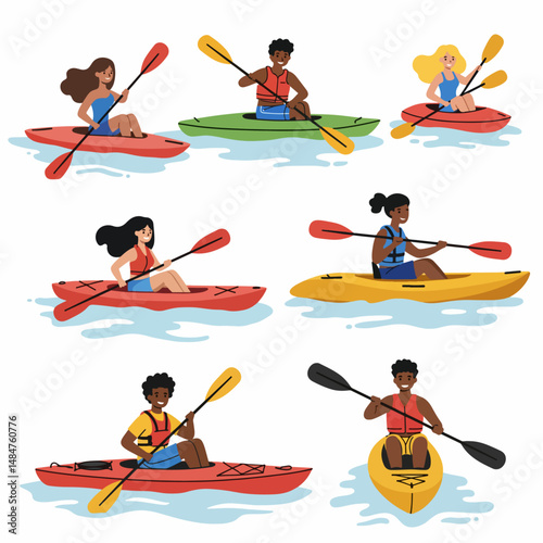 Kayaking Adventure: A vibrant collection of individuals engaging in the exciting water activity of kayaking, showcasing diverse individuals in kayaks, paddles in hand, navigating the water. 