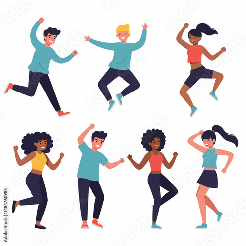 Joyful Group of People Dancing: A cheerful group of people joyfully dancing, representing unity, energy, and vibrant movement. Embodying pure exuberance and a collective sense of fun.
