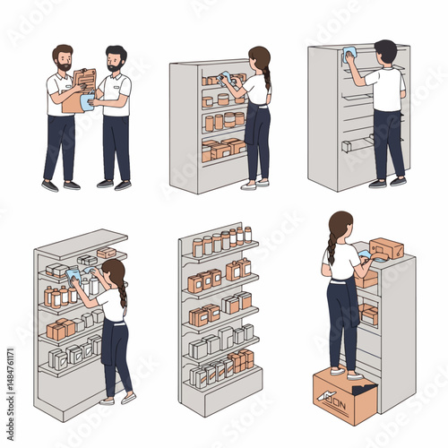 Retail Routine: A series of illustrations capturing various aspects of restocking shelves in a retail environment, showcasing diligent personnel organizing and replenishing products. 
