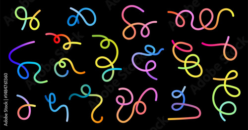 Liquid gradient lines collection. Wavy dynamic swirl vector elements set isolated on black background
