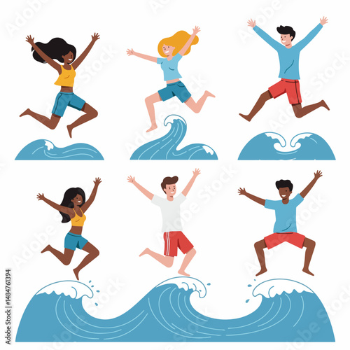 Joyful Coastal Leap: a vibrant illustration featuring diverse individuals jumping with glee over stylized ocean waves, celebrating summer, freedom, and the exhilarating joy of the seaside.