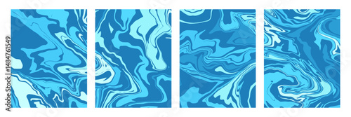 Abstract blue marble texture cover set. Liquid wavy lines poster collection.