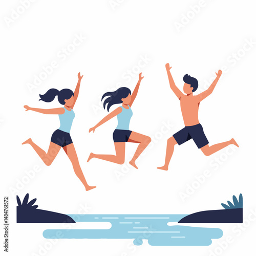Joyful Jump: A trio of figures leaps into a body of water, representing the pure joy of summertime, freedom, and youthful exuberance.